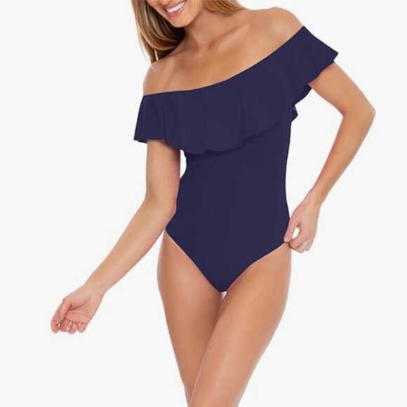 Trina Turk Paddle Suit Ruffle Monaco Navy Off Shoulder One Piece Swimsuit Size 8 - Picture 9 of 11